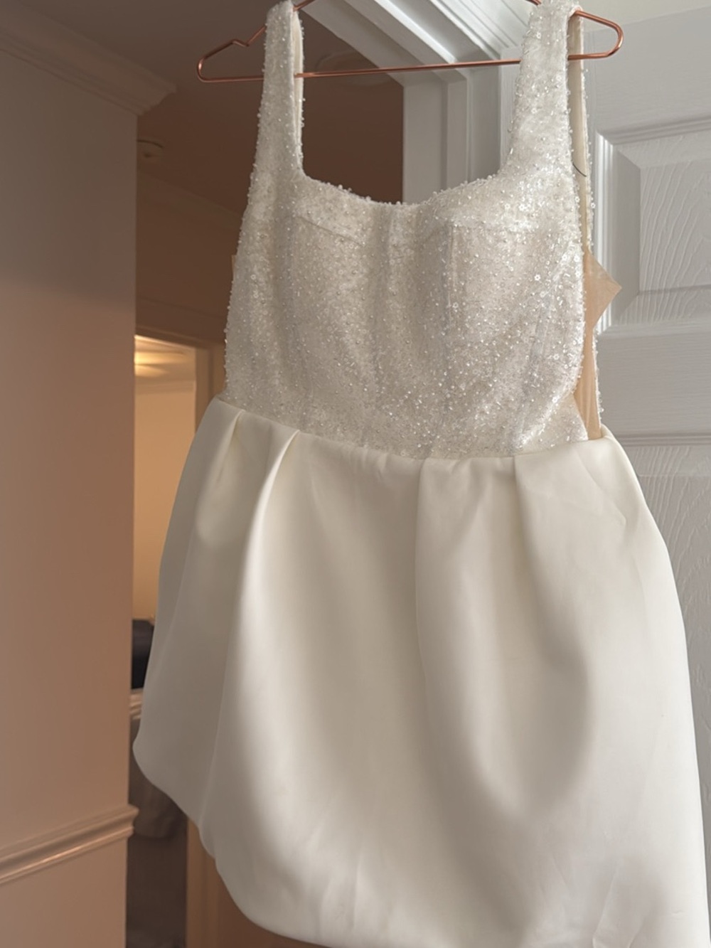 Luxe Beaded Ivory Bodice Satin Skirt Mini Wedding Dress
